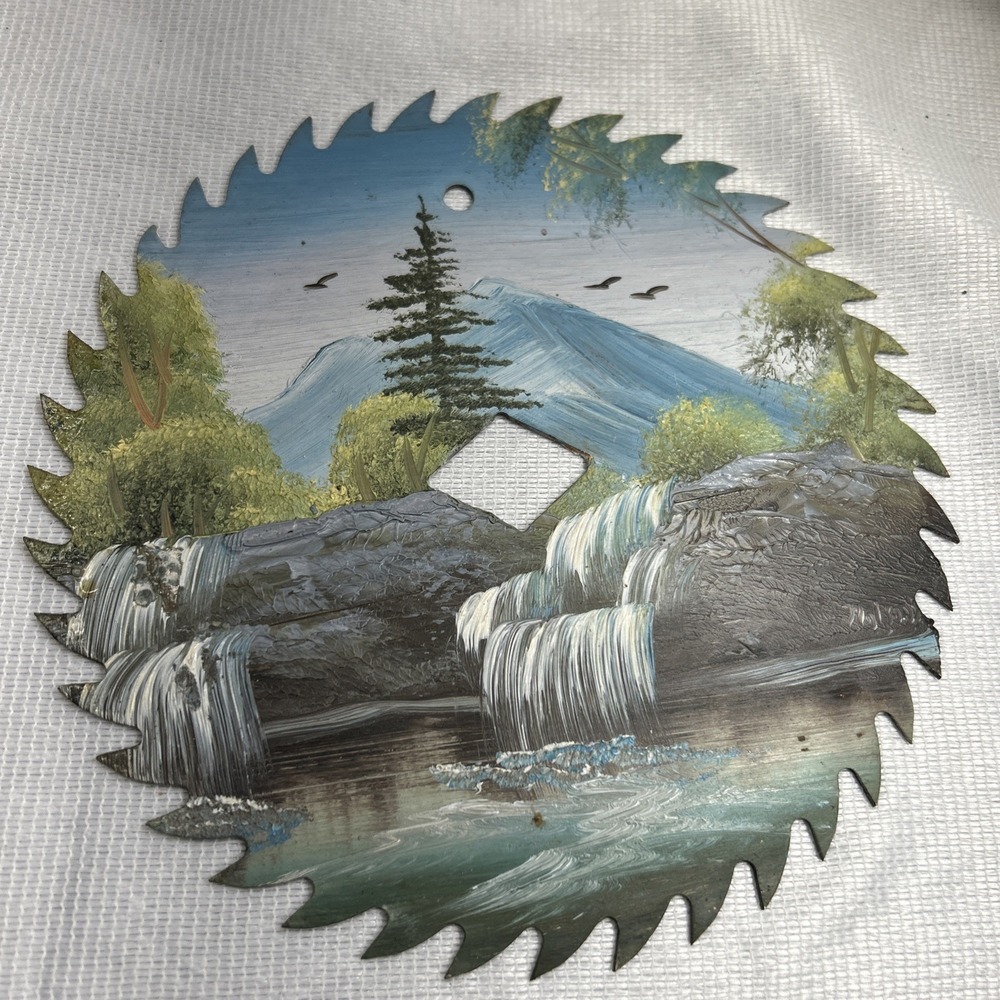 Hand Painted Waterfalls Landscape Painting On 7 1/4 " Saw Blade Artist Signed
